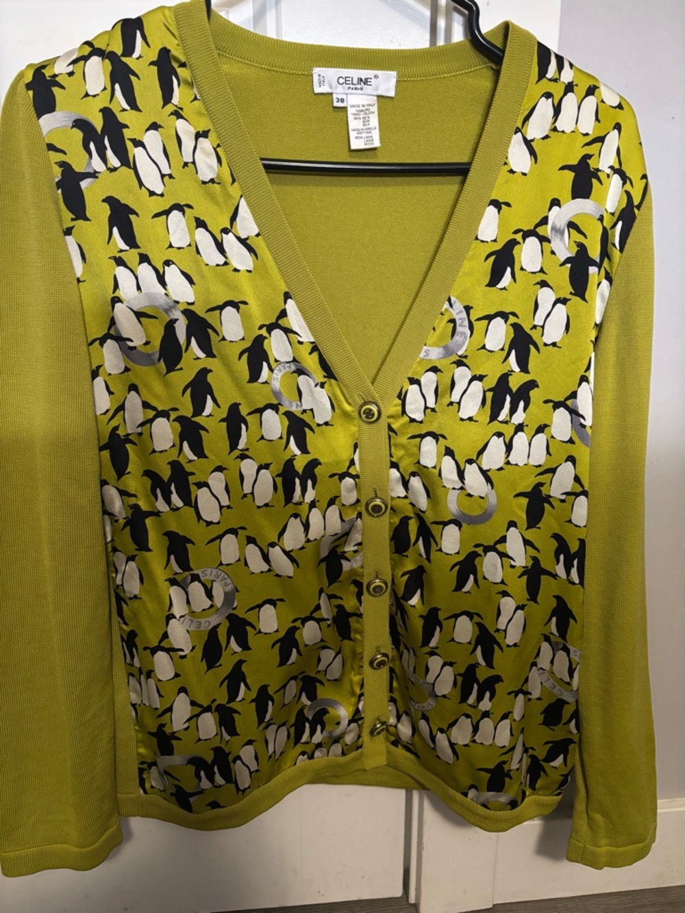 Celine Lime Green Penguin Print V-Neck Cardigan
